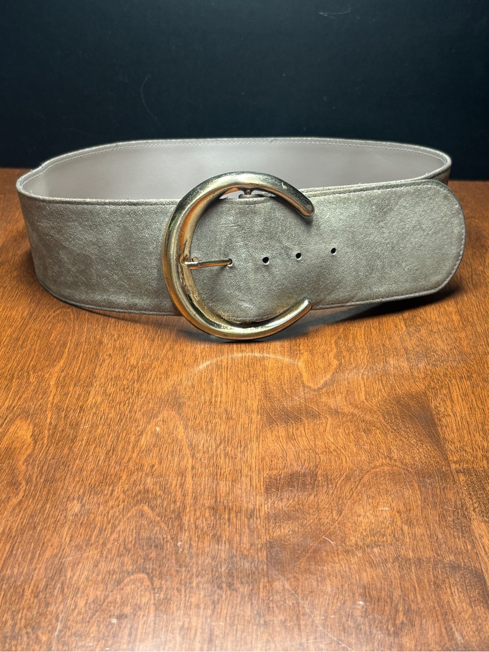 Wide Metallic Taupe-Gray Belt with Gold C-Shaped Buckle